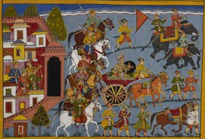 Śatrughna forlader Ayodhya for at vende tilbage til sit rige med sine ledsagere. af Indian School