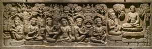 Arada Kalama leverer sin undervisning til den fremtidige Buddha. Indonesien, Java, Boroduru. Slutningen af det 19. århundrede