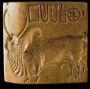 Zebu Bull Seal med Indus Script Fundet i Mohenjo Daro, Indus Valley, 3. årtusinde f.Kr. af Indus Valley Civilisation.