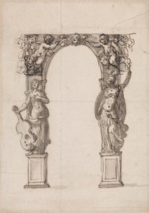 Design til en midlertidig bue dekoreret med Putti og allegoriske figurer af musik og krig af Inigo Jones