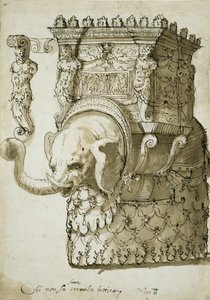 Design til en elefantkonkurrence (pen og blæk på papir) af Inigo Jones