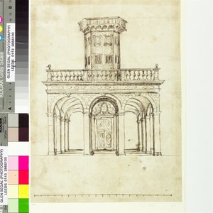 Tegning til berømmelsespaladset fra den høviske maske "Britannia Triumphans af Inigo Jones