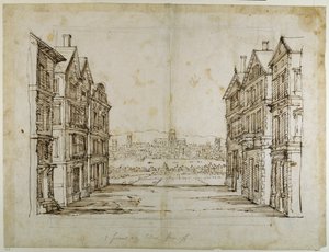 Engelske huse med London og Themsen langt væk (pen og blæk på papir) af Inigo Jones