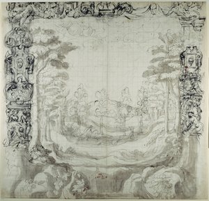 Proscenium og jagtscene (pen og blæk på papir) af Inigo Jones
