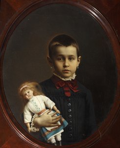 Portræt af en pige med en dukke i hånden af Volkov, Iosif Petrovich (1854-efter 1897). Olie på lærred af Iosif Petrovich Volkov