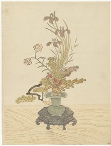 Ikebana blomsterarrangement i grøn vase af Ippitsusai Bunchô (manner of)