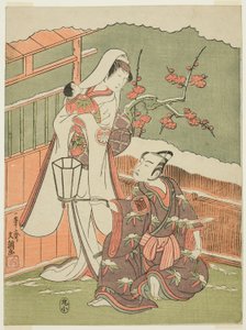 Skuespillerne Arashi Sangorô II som Minamoto no Yoritomo og Segawa Kikunojô II som snekvinde i "Cotton Wadding of Izu Protecting the Matrimonial Chrysanthemums" ("Myôto-giku Izu no Kisewata") af Ippitsusai Bunchō