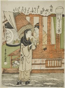 Chizuka no Fumi no Bosetsu (Aftenens sne med tusind bundter af kærlighedsbreve), de elskende Ohatsu og Tokubei, fra serien "Sugata Hakkei (otte syn på elskende)", ca. 1772 (farvetræsnit; chuban) af Ippitsusai Bunchō