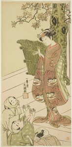 Skuespilleren Arashi Hinaji I, muligvis som Yuya Gozen i skuespillet Ima o Sakari Suehiro Genji (Genji-klanen nu i sin top), opført på Nakamura Theatre fra den første dag i den ellevte måned, 1768 af Ippitsusai Bunchō