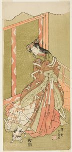 Skuespilleren Nakamura Noshio I som den tredje prinsesse (Nyosan no Miya) i stykket Fuki Kaete Tsuki mo Yoshiwara (Rethatched Roof: The Moon also Shines Over the Yoshiwara Pleasure District), opført på Morita Theatre fra den første dag i den ellevte ma. af Ippitsusai Bunchō