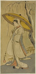 Skuespilleren Segawa Kikunojo II som Heron Maiden i stykket "Cotton Wadding of Izu Protecting the Matrimonial Chrysanthemums (Myoto-giku Izu no Kisewata)" opført på Ichimura Theatre fra den første dag i den ellevte måned, 1770 af Ippitsusai Bunchō