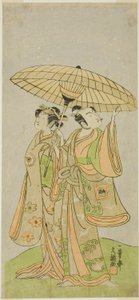 Skuespillerne Ichikawa Komazo II som Chunagon Yukihira (til højre) og Iwai Hanshiro IV som Murasame (til venstre), i skuespillet Kuni no Hana Ono no Itsumoji, opført på Nakamura Theatre i den ellevte måned, 1771 af Ippitsusai Bunchō