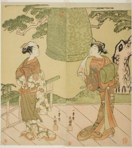 Skuespillerne Ichimura Uzaemon IX som Shume no Hangan Morihisa (til højre) og Sanogawa Ichimatsu II som Chujo (venstre), i skuespillet Edo no Hana Wakayagi Soga, opført på Ichimura Theatre i den anden måned, 1769 af Ippitsusai Bunchō