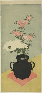 Hvide krysantemum og pink i en sort vase af Ippitsusai Bunchō