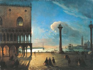 Piazzetta San Marco i måneskin, Venedig, af Ippolito Caffi (1809-1866), olie på lærred, 52x70 cm af Ippolito Caffi