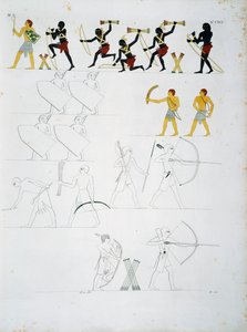 Militære scener, soldater med bue og pile, fra Beni Hasans grave, plade CXVIII, fra monumenter i Egypten og Nubien: civile monumenter af Ippolito Rosellini