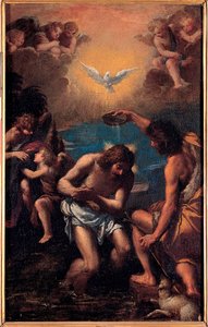 Kristi dåb - Johannes Døberen døber Jesus Kristus med Jordans vande med over dem Helligåndens due (Helligånden) - Kristi dåb - Maleri af Ippolito Scarsellino (Scarsella) (1551- 1620) ), Olie på træ 1585- af Ippolito Scarcella