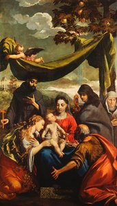 Madonnaen og barnet med de hellige Mary Magdalene, Peter, Clare og Francis og et portræt af abbedissen