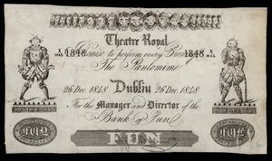 Annonce for en pantomime i Theatre Royal, Dublin, baseret på en Bank of Ireland-seddel af Irish School