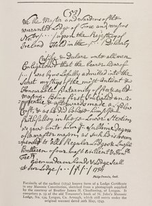 Tidligst kendte certifikat (irsk) med segl fra storlogen, 1762 af Irish School