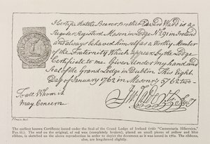 Faksimile af det tidligst kendte certifikat udstedt under Segl of the Grand Lodge of Ireland, dateret 1762 af Irish School