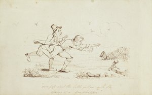 Over Pop Went the Little Fellow with the Spring of a Grasshopper, bogillustration, der viser Two Irishmen Chasing a Leprechaun, 1800-tallet (pen og blæk på papir) af Irish School
