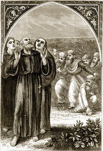 St. Columba sang og angrebet af druiderne, fra The Trias Thaumaturga, eller Three Wonder-Working Saints of Ireland, af Mary Cusack (1829-99) udgivet omkring 1890