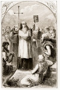 St. Patrick viser folket i Irland de fire evangelier, fra The Trias Thaumaturga, eller Three Wonder-Working Saints of Ireland, af Mary Cusack (1829-99) udgivet ca. 1890
