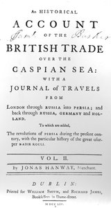 Titelside til An Historical Account of British Trade over the Caspian Sea, with a Journal of Travels af Jonas Hanway, 1754 af Irish School