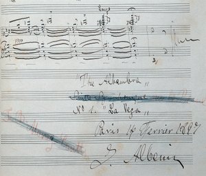 Noder til klaversuiten "" La Vega "" med autograf af Isaac Albeniz (1860-1909), spansk komponist og pianist. Manuskriptdato 14. februar 1897. National Library of Catalonia. af Isaac Albeniz