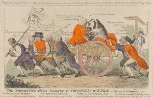 Die Reise der Corporation Hogs nach Smithfield im Stil, oder Stadträte als Schweineschau-Männer af Isaac Cruikshank