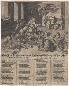 Ezels bruger et kunstkammer Æslet Kunstkammer, altså en levende illustration, i form af hvilken den prisværdige frie kunst i dag håndteres, slæbt rundt af den uvidende bøffel (...) (titel på objekt) af Isaac Duchemin
