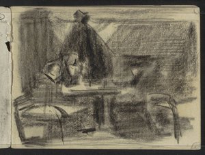 Figurer ved et bord i et interiør af Isaac Israels