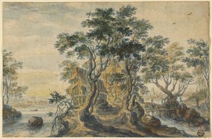 Flodlandskab med hus på en klippeø af Isaac Major