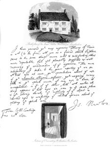 Et brev fra Isaac Newton og en udsigt over hans fødested i Woolsthorpe, Lincolnshire, 1682, 1840.