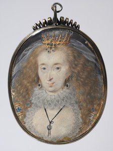Portræt af Lucy Russell, grevinde af Bedford, ca. 1608-16 (akvarel på vellum med guld og sølv i en forgyldt sølvramme) af Isaac Oliver