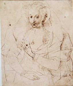 Portræt af en ukendt dame, formelt kaldet Lucy Harrington, grevinde af Bedford, en skitse til en miniature (nr. 3902) c.1605 (pen og blæk, kridt på papir) (se også 58811) af Isaac Oliver