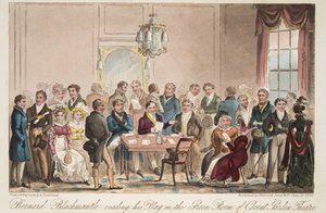 Bernard Blackmantle læser sit skuespil i Green Room i Covent Garden Theatre, fra The English Spy, pub. 1824 (håndfarvet gravering) af Isaac Robert Cruikshank