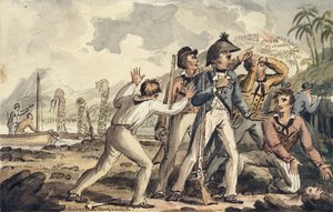 Kaptajn Burney opdager sine myrdede skibskammerater, illustration fra "The Voyages of Captain Cook" af Isaac Robert Cruikshank