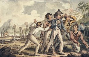 Kaptajn Burney opdager sine myrdede skibskammerater", fra Kaptajn Cooks Voyages af Isaac Robert Cruikshank