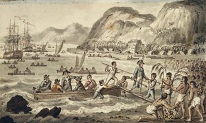 Captain Cook Landing in Owyhee, illustration fra "The Voyages of Captain Cook" af Isaac Robert Cruikshank