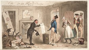 College Comforts, A Freshman, der tager sine værelser i besiddelse, fra The English Spy, pub. 1824 (håndfarvet gravering) af Isaac Robert Cruikshank