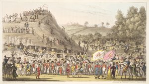 Eton Montem, and the Mount, Salt Hill, fra The English Spy, pub. 1824 (håndfarvet gravering) af Isaac Robert Cruikshank