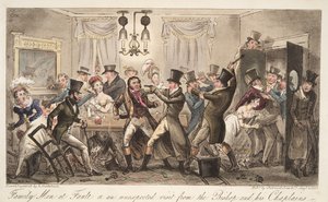Family Men at Fault, eller et uventet besøg fra biskoppen og hans præster, fra, The English Spy, pub. 1824 (håndfarvet gravering) af Isaac Robert Cruikshank