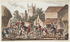 Går ud; En udsigt over Berkeley Hunt Kennel, fra The English Spy udgivet 1824, (håndfarvet gravering) af Isaac Robert Cruikshank