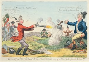 Killing no Murder, eller en ny ministeriel måde at afgøre nationens anliggender på!, 1809 (farveætsning) af Isaac Robert Cruikshank