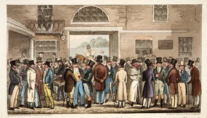 Mandag efter Great St Leger, eller Heroes of the Turf, der betaler og modtager på Tattersalls, fra The English Spy, pub. 1824 (håndfarvet gravering) af Isaac Robert Cruikshank