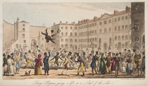 Surrey Collegians giver et løft til a Limb of the Law, fra The English Spy, udgivet London, 1824 af Isaac Robert Cruikshank