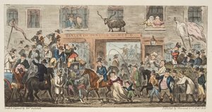 Den komiske procession fra The English Spy, udgivet af The English Spy, pub. 1824 (håndkoloreret gravering) Gloucester to Berkeley, fra The English Spy, pub. 1824 (håndkoloreret gravering) af Isaac Robert Cruikshank