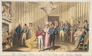 The Evening Party at the Pavilion, Brighton, fra The English Spy, pub. 1824 (håndfarvet gravering) af Isaac Robert Cruikshank
